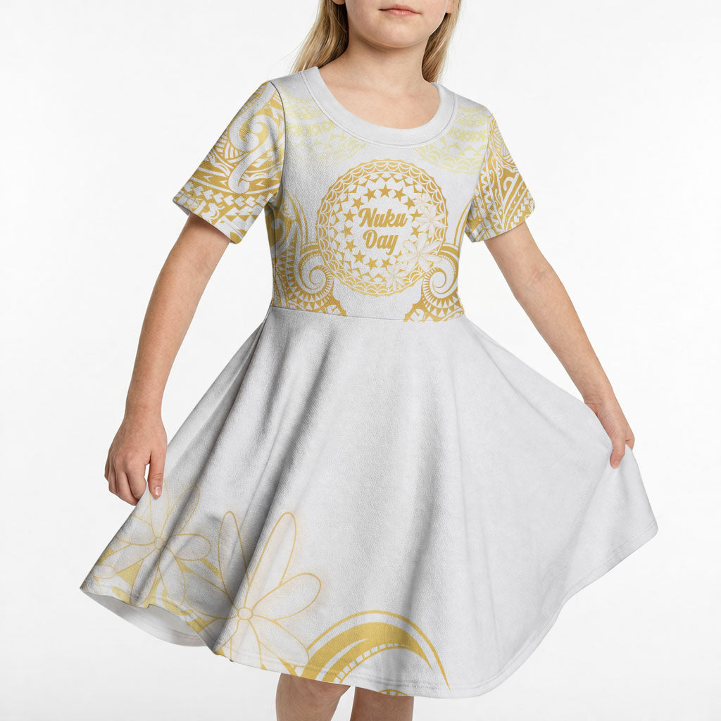 Cook Islands Gospel Day Kid Short Sleeve Dress Happy Nuku Day Tiare Maori Gold LT14 - Polynesian Pride