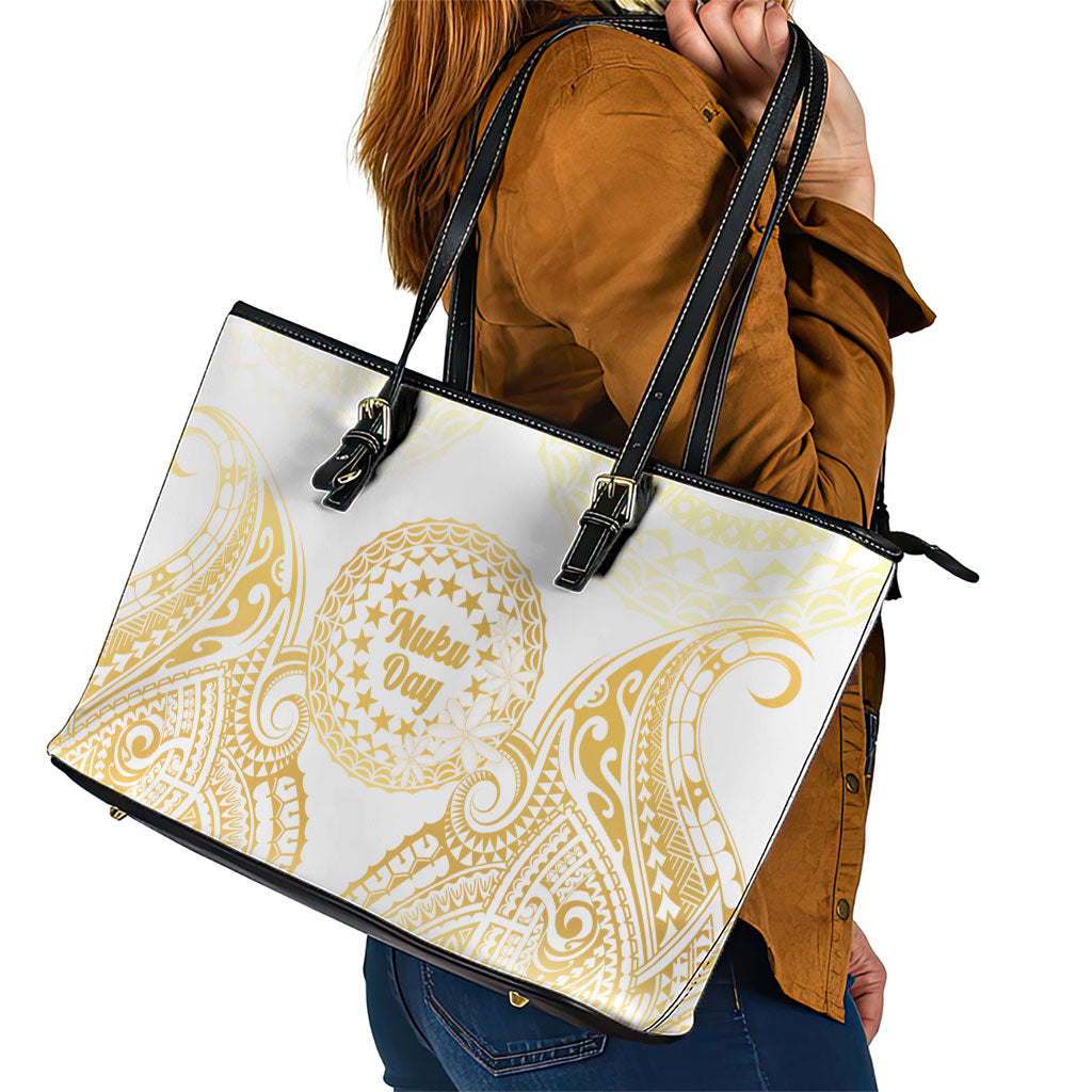 Cook Islands Gospel Day Leather Tote Bag Happy Nuku Day Tiare Maori Gold LT14 - Polynesian Pride