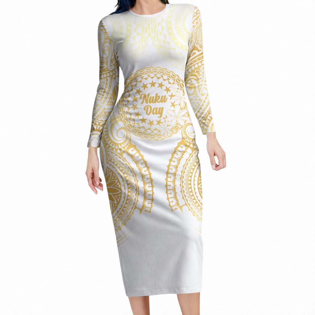 Cook Islands Gospel Day Long Sleeve Bodycon Dress Happy Nuku Day Tiare Maori Gold