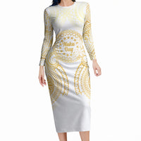 Cook Islands Gospel Day Long Sleeve Bodycon Dress Happy Nuku Day Tiare Maori Gold