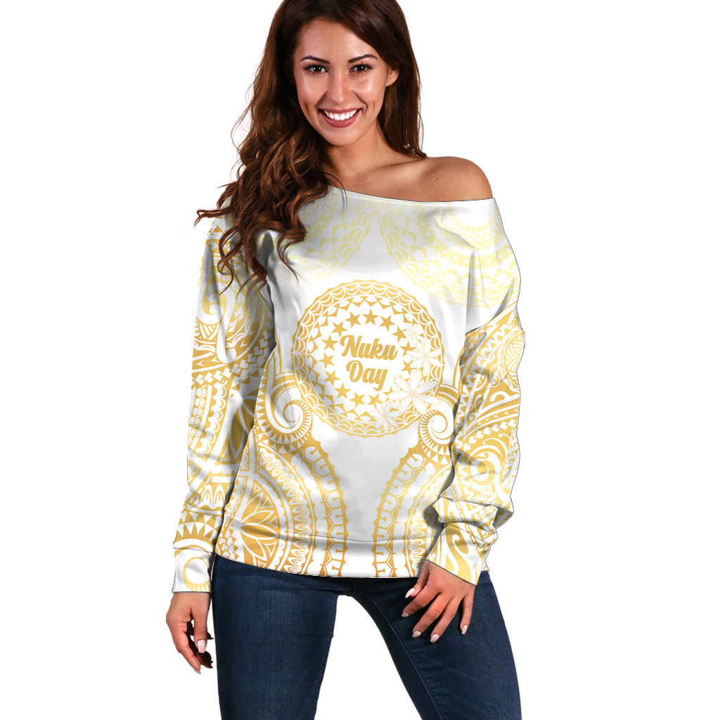 Cook Islands Gospel Day Off Shoulder Sweater Happy Nuku Day Tiare Maori Gold LT14 Women Gold - Polynesian Pride
