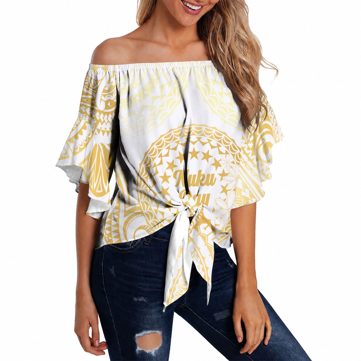 Cook Islands Gospel Day Off Shoulder Wrap Waist Top Happy Nuku Day Tiare Maori Gold LT14 Gold - Polynesian Pride