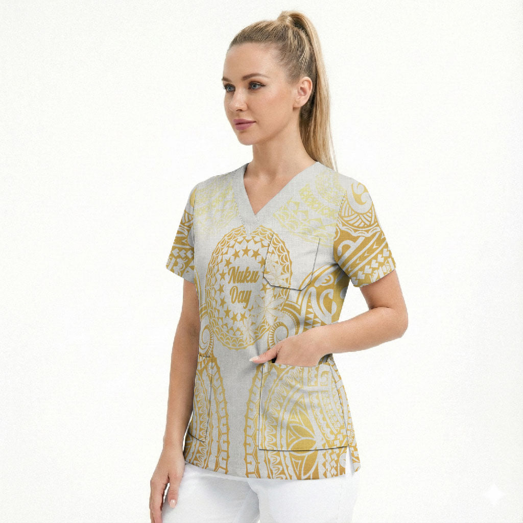 Cook Islands Gospel Day Scrub Top Happy Nuku Day Tiare Maori Gold