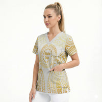 Cook Islands Gospel Day Scrub Top Happy Nuku Day Tiare Maori Gold