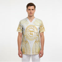 Cook Islands Gospel Day Scrub Top Happy Nuku Day Tiare Maori Gold