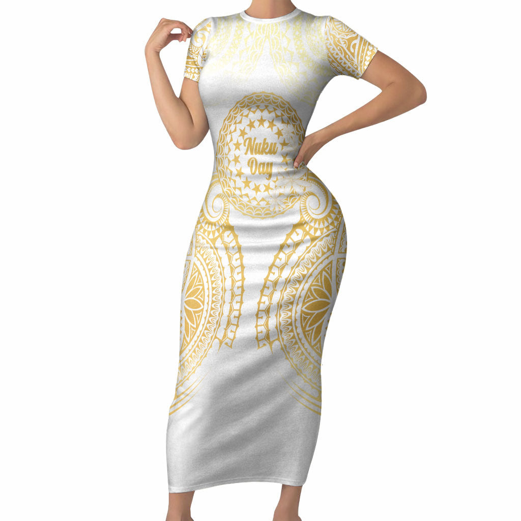 Cook Islands Gospel Day Short Sleeve Bodycon Dress Happy Nuku Day Tiare Maori Gold LT14 Long Dress Gold - Polynesian Pride