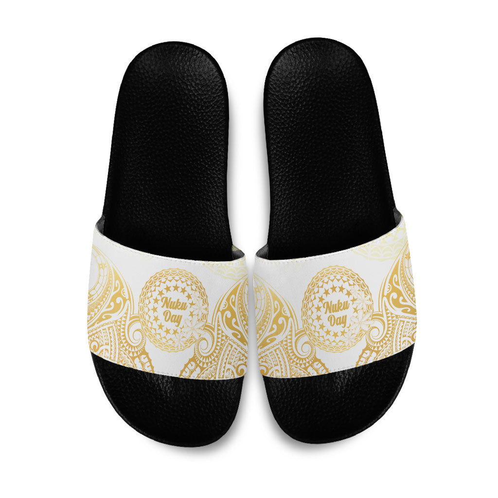 Cook Islands Gospel Day Slide Sandals Happy Nuku Day Tiare Maori Gold LT14 Gold - Polynesian Pride