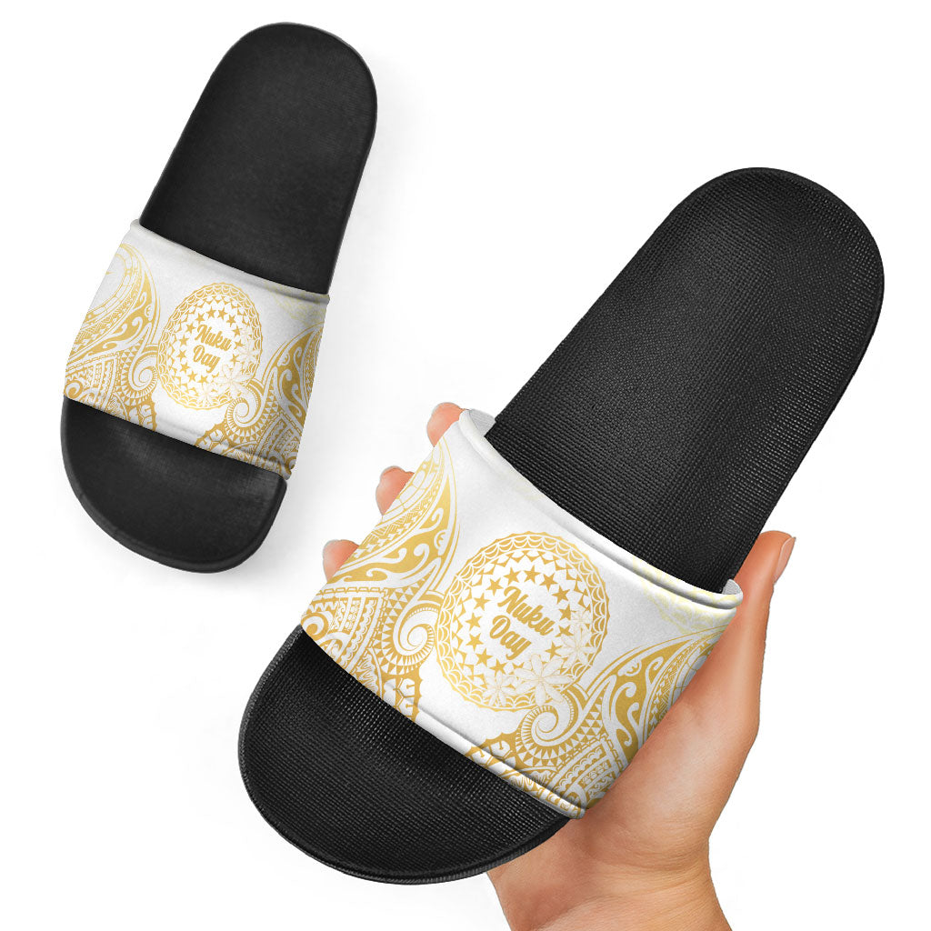 Cook Islands Gospel Day Slide Sandals Happy Nuku Day Tiare Maori Gold LT14 - Polynesian Pride
