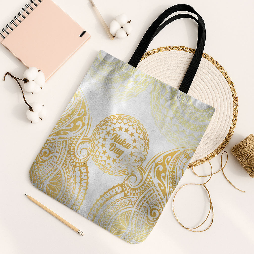 Cook Islands Gospel Day Tote Bag Happy Nuku Day Tiare Maori Gold LT14 Black Strap One Size Gold - Polynesian Pride
