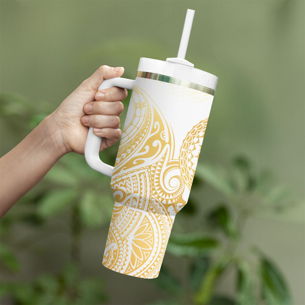 Cook Islands Gospel Day Tumbler With Handle Happy Nuku Day Tiare Maori Gold LT14 - Polynesian Pride