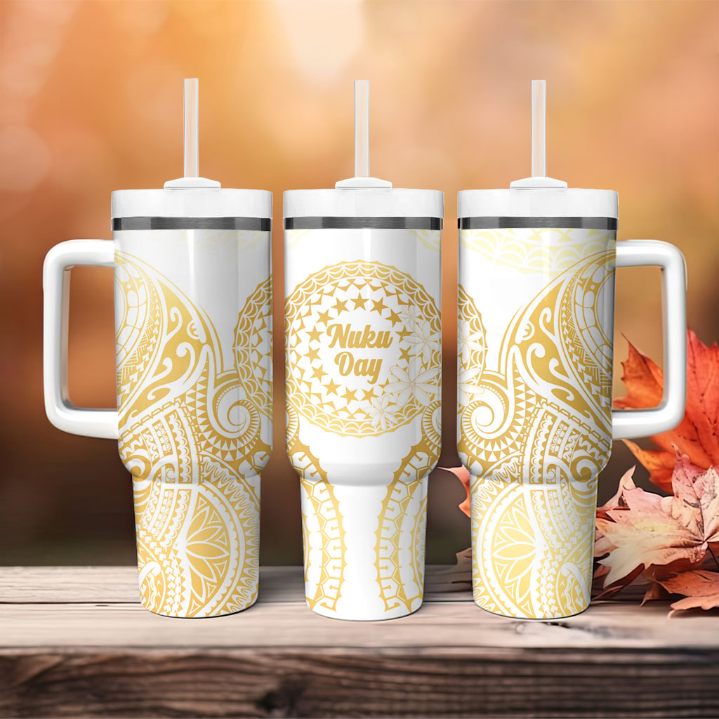 Cook Islands Gospel Day Tumbler With Handle Happy Nuku Day Tiare Maori Gold LT14 - Polynesian Pride