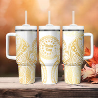 Cook Islands Gospel Day Tumbler With Handle Happy Nuku Day Tiare Maori Gold LT14 - Polynesian Pride