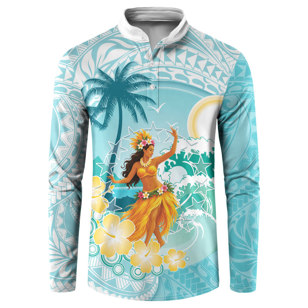 Ura Cook Islands Button Sweatshirt Kuki 'Airani Traditional Dance Tropical Vibes LT14 Cyan - Polynesian Pride
