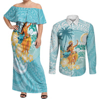 Ura Cook Islands Couples Matching Off Shoulder Maxi Dress and Long Sleeve Button Shirt Kuki 'Airani Traditional Dance Tropical Vibes LT14 Cyan - Polynesian Pride
