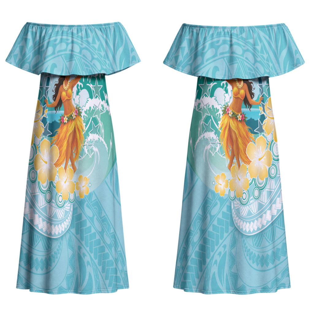 Ura Cook Islands Couples Matching Off Shoulder Maxi Dress and Long Sleeve Button Shirt Kuki 'Airani Traditional Dance Tropical Vibes LT14 - Polynesian Pride