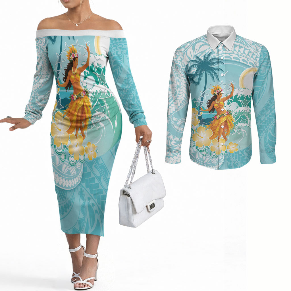 Ura Cook Islands Couples Matching Off The Shoulder Long Sleeve Dress and Long Sleeve Button Shirt Kuki 'Airani Traditional Dance Tropical Vibes LT14 Cyan - Polynesian Pride