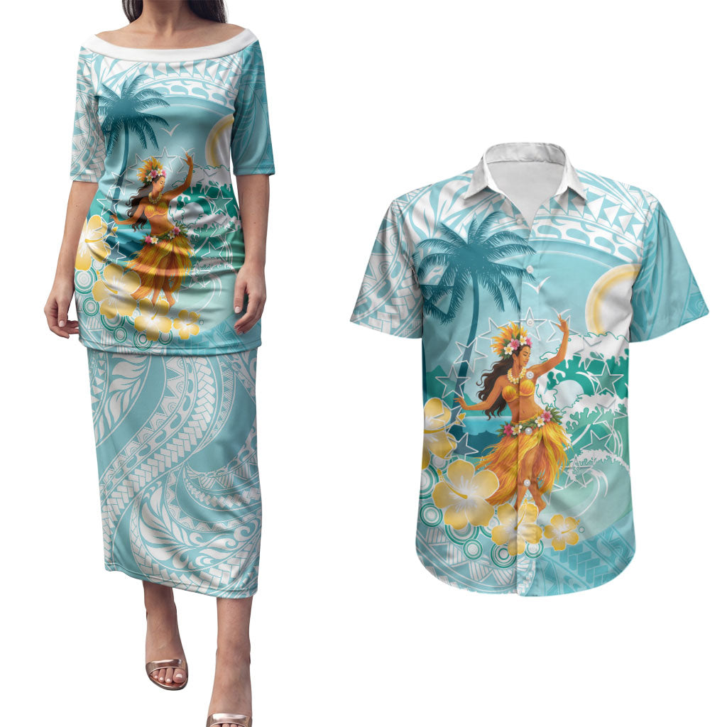 Ura Cook Islands Couples Matching Puletasi and Hawaiian Shirt Kuki 'Airani Traditional Dance Tropical Vibes LT14 Cyan - Polynesian Pride