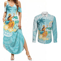 Ura Cook Islands Couples Matching Summer Maxi Dress and Long Sleeve Button Shirt Kuki 'Airani Traditional Dance Tropical Vibes LT14 Cyan - Polynesian Pride