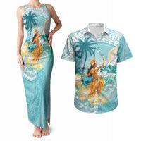 Ura Cook Islands Couples Matching Tank Maxi Dress and Hawaiian Shirt Kuki 'Airani Traditional Dance Tropical Vibes LT14 Cyan - Polynesian Pride