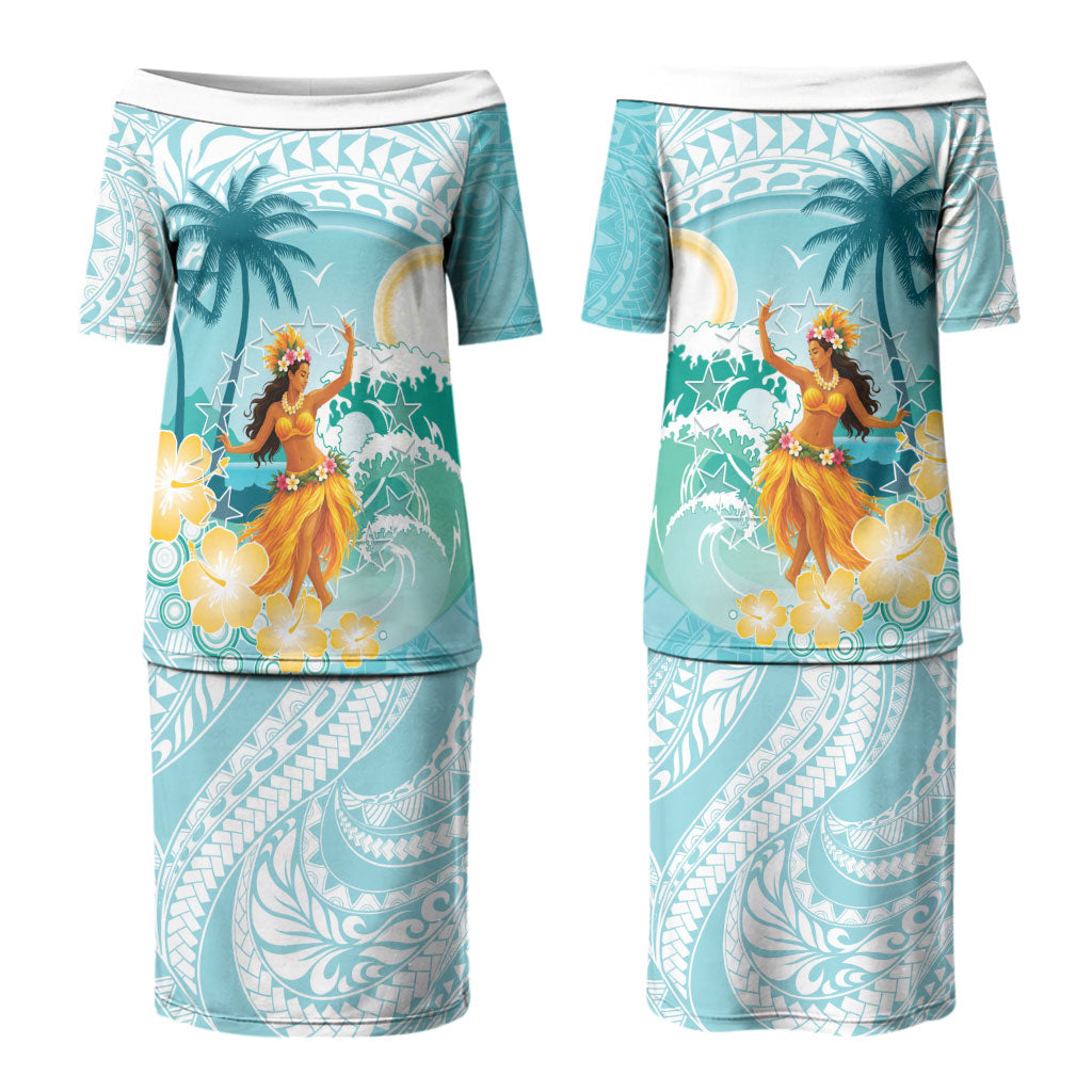 Ura Cook Islands Family Matching Puletasi and Hawaiian Shirt Kuki 'Airani Traditional Dance Tropical Vibes LT14 Mom's Dress Cyan - Polynesian Pride