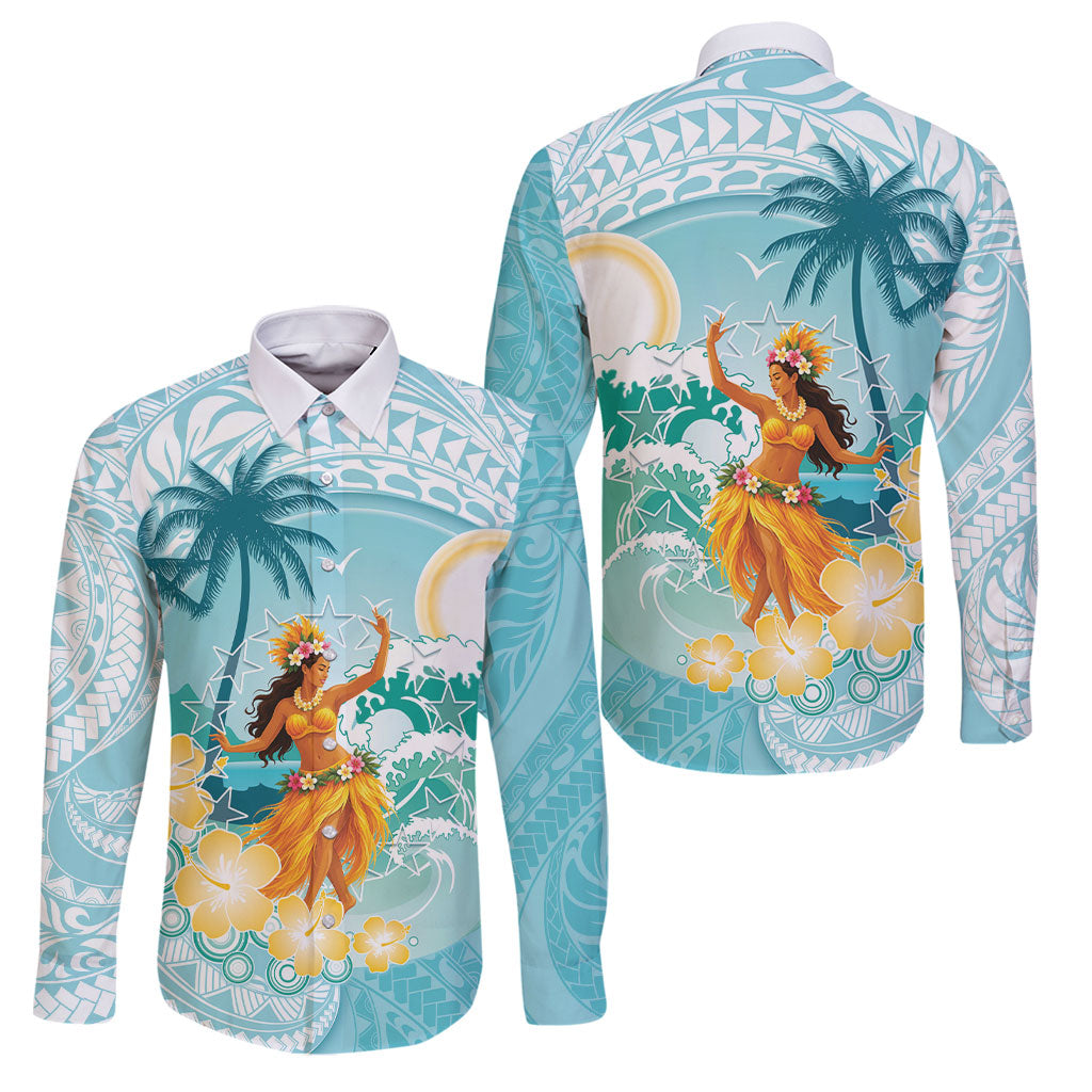 Ura Cook Islands Family Matching Puletasi and Hawaiian Shirt Kuki 'Airani Traditional Dance Tropical Vibes LT14 Dad's Shirt - Long Sleeve Cyan - Polynesian Pride