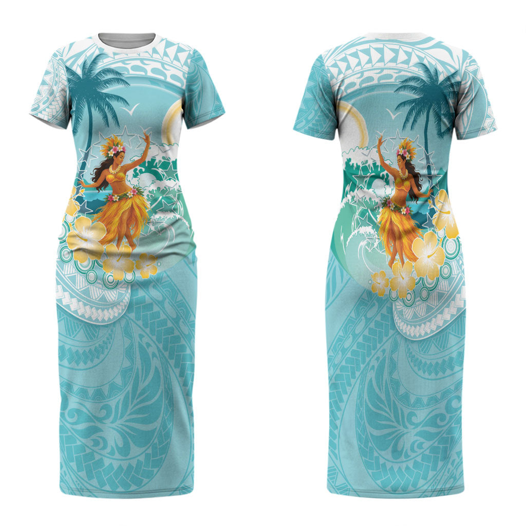Ura Cook Islands Family Matching Short Sleeve Bodycon Dress and Hawaiian Shirt Kuki 'Airani Traditional Dance Tropical Vibes LT14 Mom's Dress Cyan - Polynesian Pride