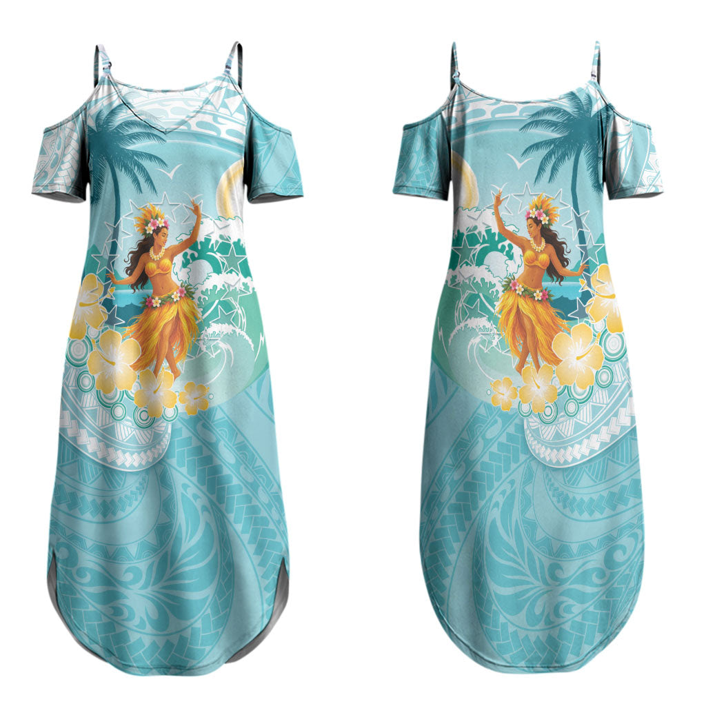 Ura Cook Islands Family Matching Summer Maxi Dress and Hawaiian Shirt Kuki 'Airani Traditional Dance Tropical Vibes LT14 Mom's Dress Cyan - Polynesian Pride