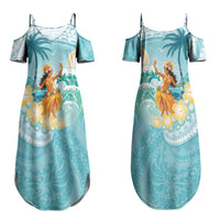 Ura Cook Islands Family Matching Summer Maxi Dress and Hawaiian Shirt Kuki 'Airani Traditional Dance Tropical Vibes LT14 Mom's Dress Cyan - Polynesian Pride