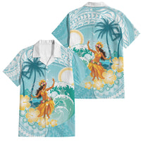 Ura Cook Islands Family Matching Tank Maxi Dress and Hawaiian Shirt Kuki 'Airani Traditional Dance Tropical Vibes LT14 Dad's Shirt - Short Sleeve Cyan - Polynesian Pride
