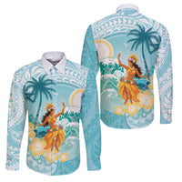 Ura Cook Islands Family Matching Tank Maxi Dress and Hawaiian Shirt Kuki 'Airani Traditional Dance Tropical Vibes LT14 Dad's Shirt - Long Sleeve Cyan - Polynesian Pride