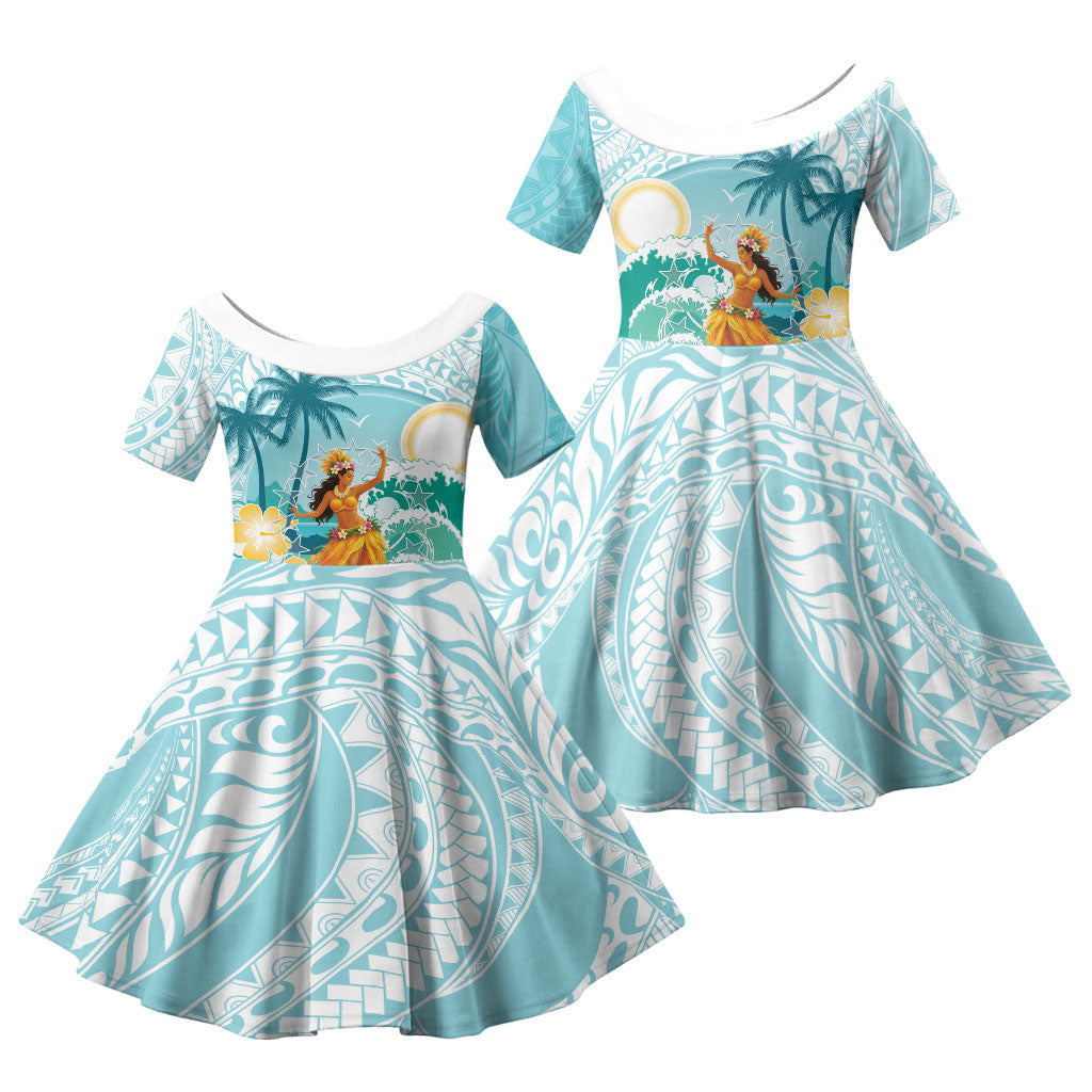 Ura Cook Islands Family Matching Tank Maxi Dress and Hawaiian Shirt Kuki 'Airani Traditional Dance Tropical Vibes LT14 Daughter's Dress Cyan - Polynesian Pride