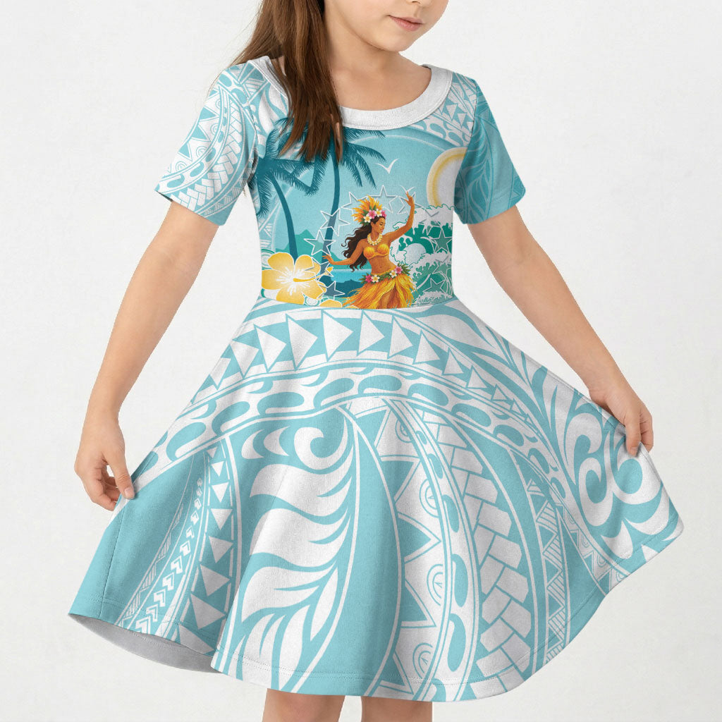 Ura Cook Islands Kid Short Sleeve Dress Kuki 'Airani Traditional Dance Tropical Vibes LT14 KID Cyan - Polynesian Pride
