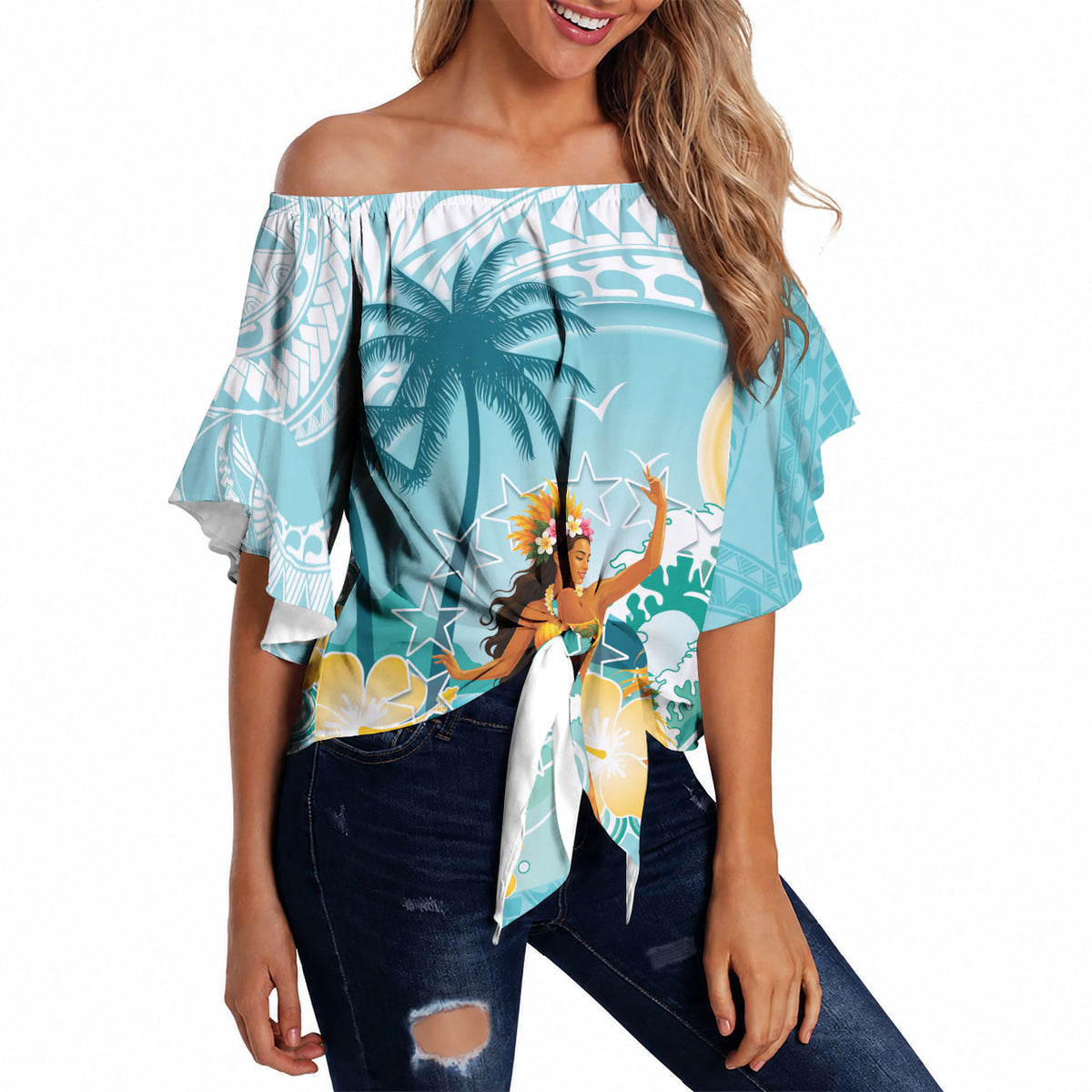 Ura Cook Islands Off Shoulder Wrap Waist Top Kuki 'Airani Traditional Dance Tropical Vibes LT14 Cyan - Polynesian Pride