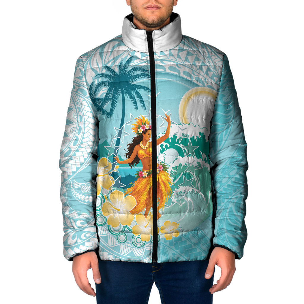 Ura Cook Islands Padded Jacket Kuki 'Airani Traditional Dance Tropical Vibes LT14 Men Cyan - Polynesian Pride