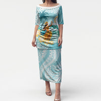 Ura Cook Islands Puletasi Kuki 'Airani Traditional Dance Tropical Vibes LT14 Long Dress Cyan - Polynesian Pride
