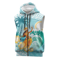 Ura Cook Islands Sleeveless Zip Hoodie Kuki 'Airani Traditional Dance Tropical Vibes LT14 Cyan - Polynesian Pride