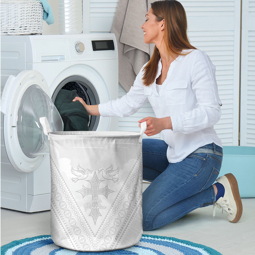 Peniamina Gospel Day Niue Laundry Basket Cross Dove Hiapo Pattern White LT14 - Polynesian Pride