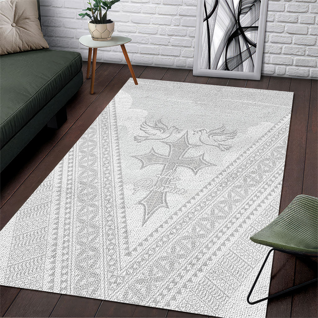 Peniamina Gospel Day Niue Area Rug Cross Dove Hiapo Pattern White LT14 White - Polynesian Pride
