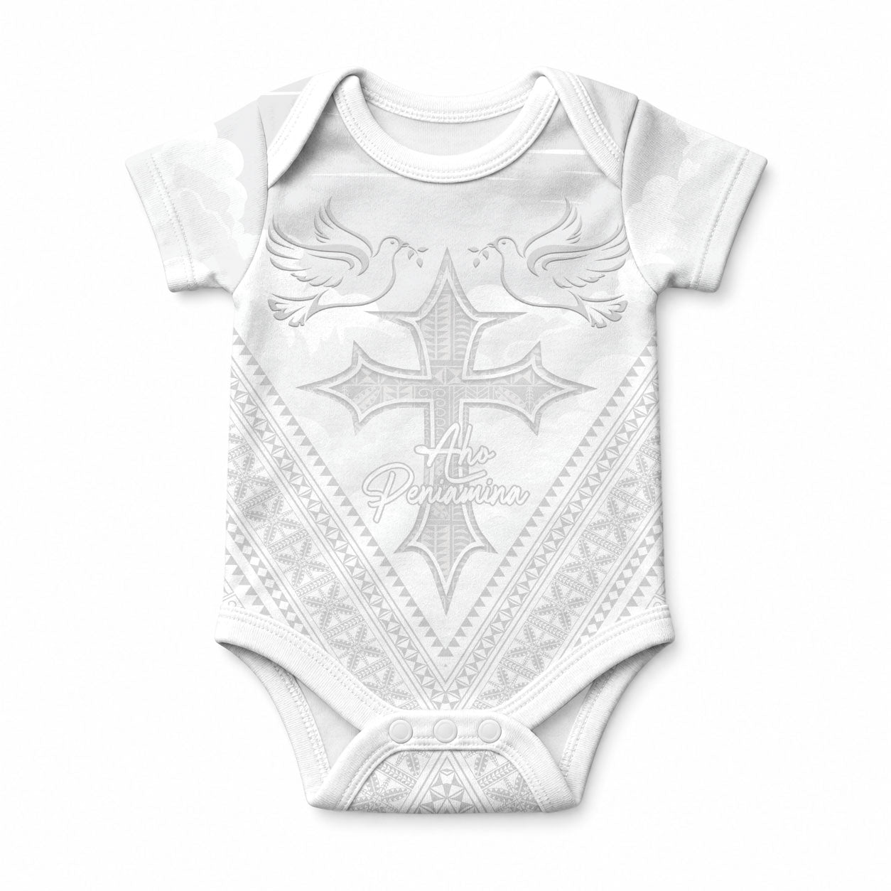 Peniamina Gospel Day Niue Baby Onesie Cross Dove Hiapo Pattern White