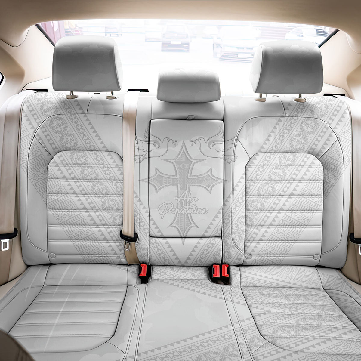 Peniamina Gospel Day Niue Back Car Seat Cover Cross Dove Hiapo Pattern White LT14 - Polynesian Pride