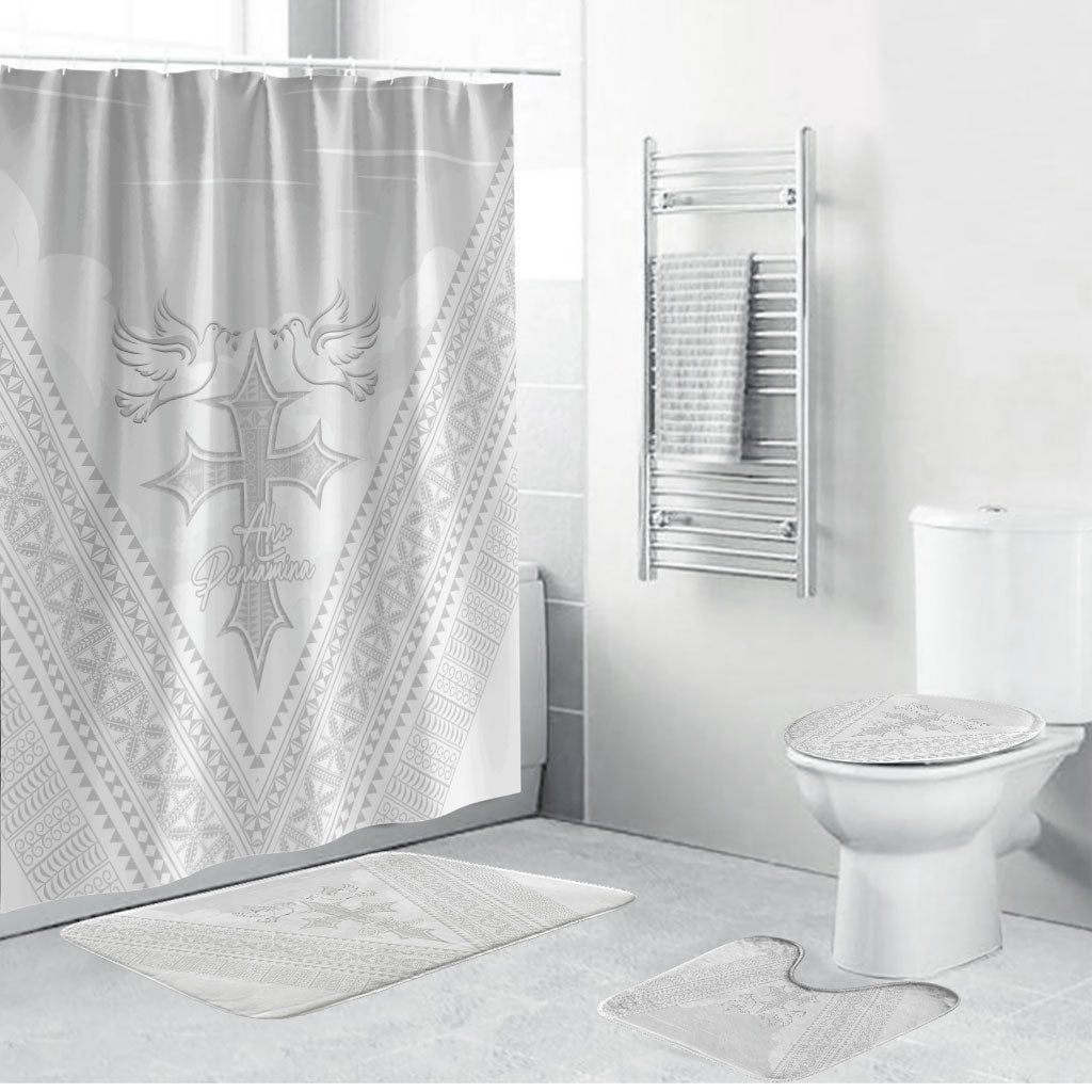 Peniamina Gospel Day Niue Bathroom Set Cross Dove Hiapo Pattern White LT14 Bathroom Set (4 pcs) White - Polynesian Pride