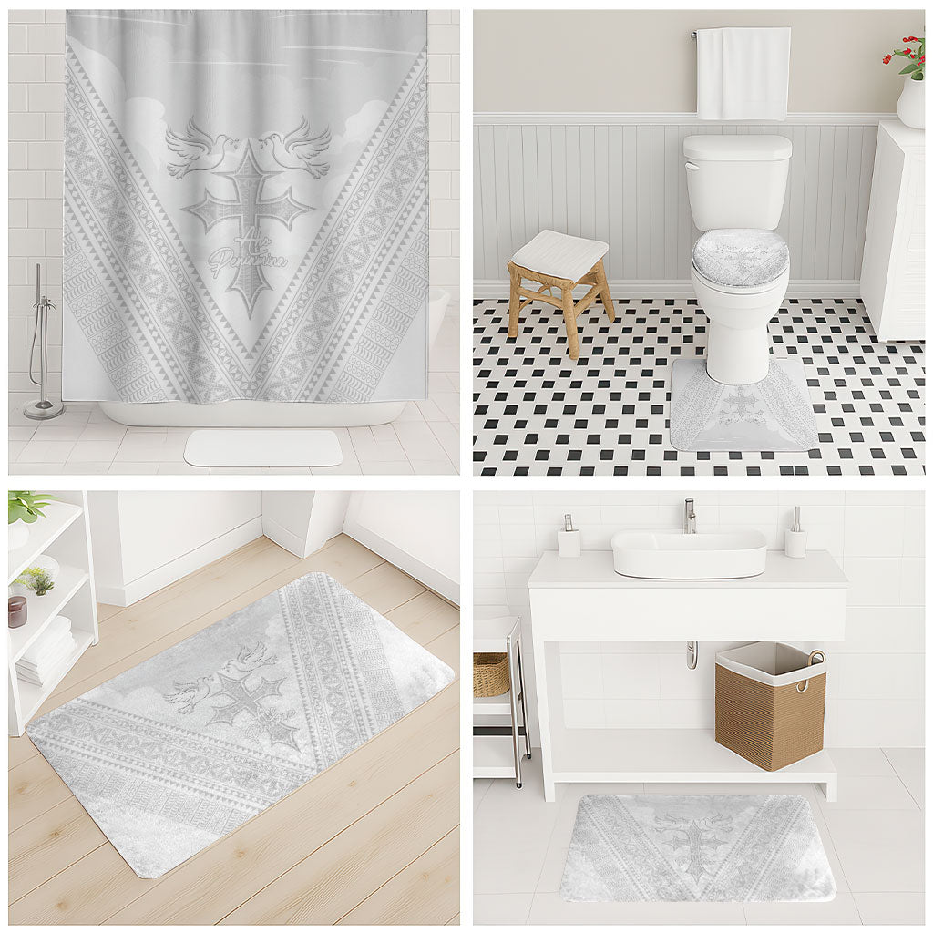 Peniamina Gospel Day Niue Bathroom Set Cross Dove Hiapo Pattern White LT14 - Polynesian Pride