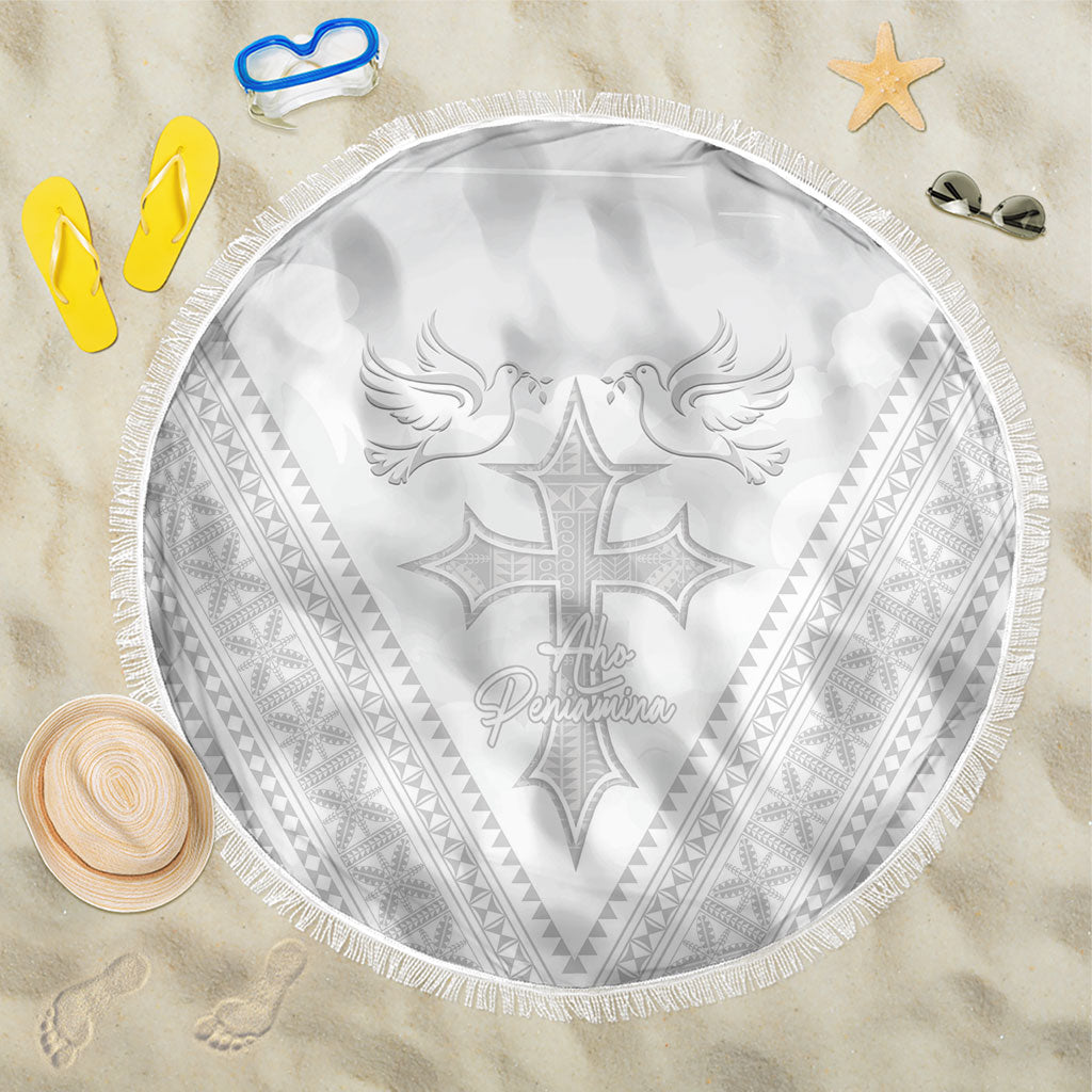 Peniamina Gospel Day Niue Beach Blanket Cross Dove Hiapo Pattern White LT14 One Size 150cm White - Polynesian Pride