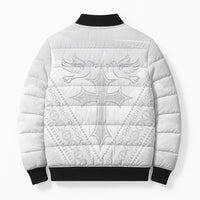 Peniamina Gospel Day Niue Bomber Puffer Jacket Cross Dove Hiapo Pattern White LT14 - Polynesian Pride