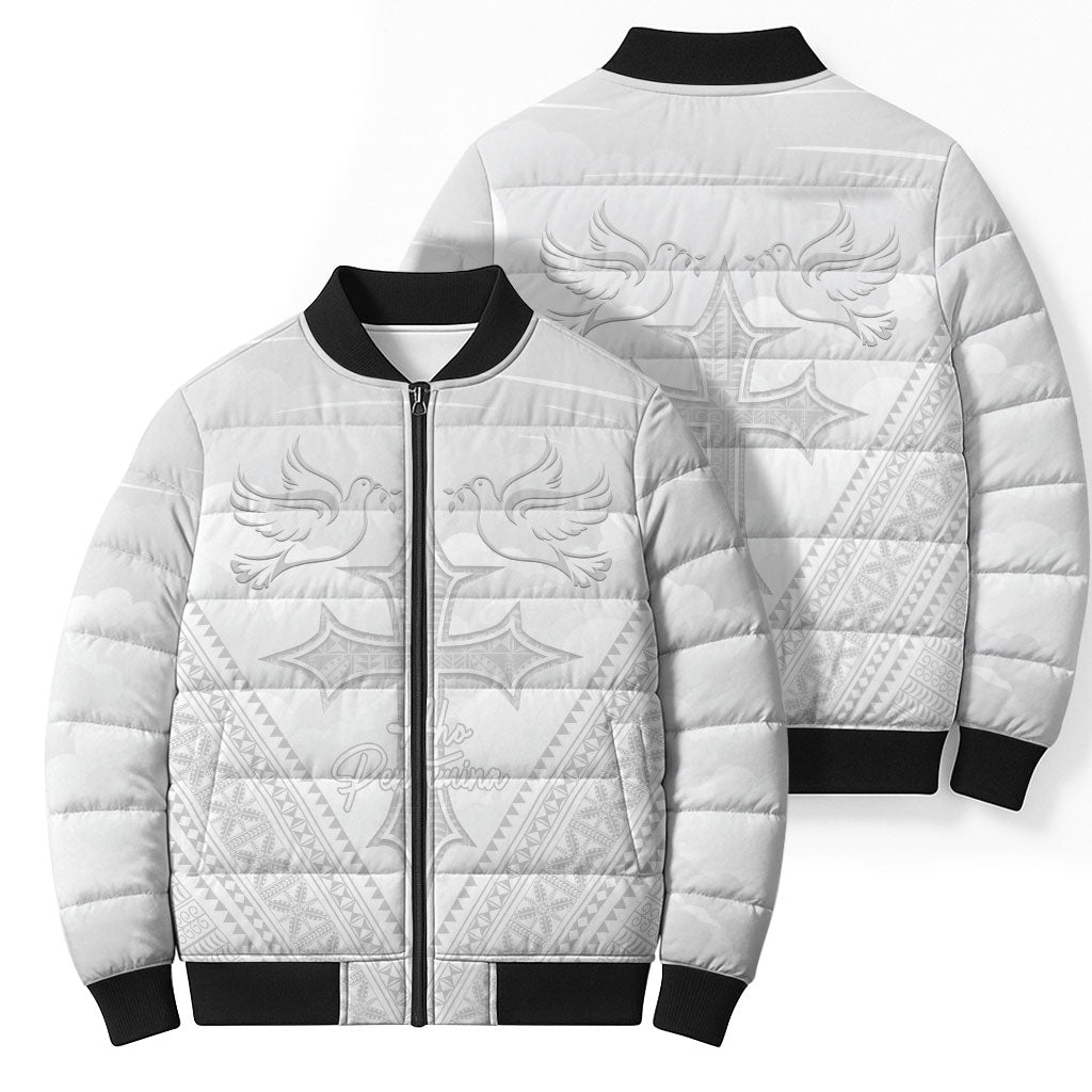 Peniamina Gospel Day Niue Bomber Puffer Jacket Cross Dove Hiapo Pattern White LT14 - Polynesian Pride