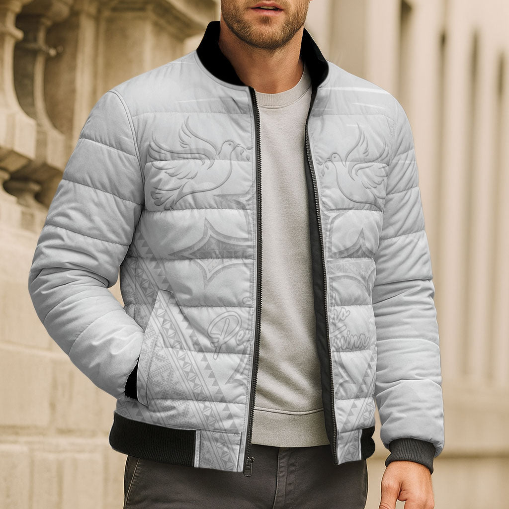 Peniamina Gospel Day Niue Bomber Puffer Jacket Cross Dove Hiapo Pattern White LT14 - Polynesian Pride