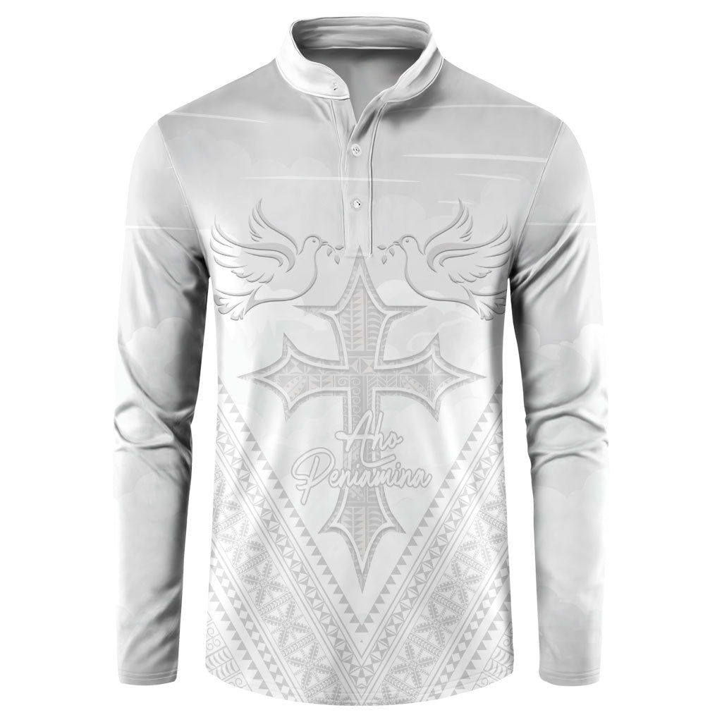 Peniamina Gospel Day Niue Button Sweatshirt Cross Dove Hiapo Pattern White LT14 White - Polynesian Pride