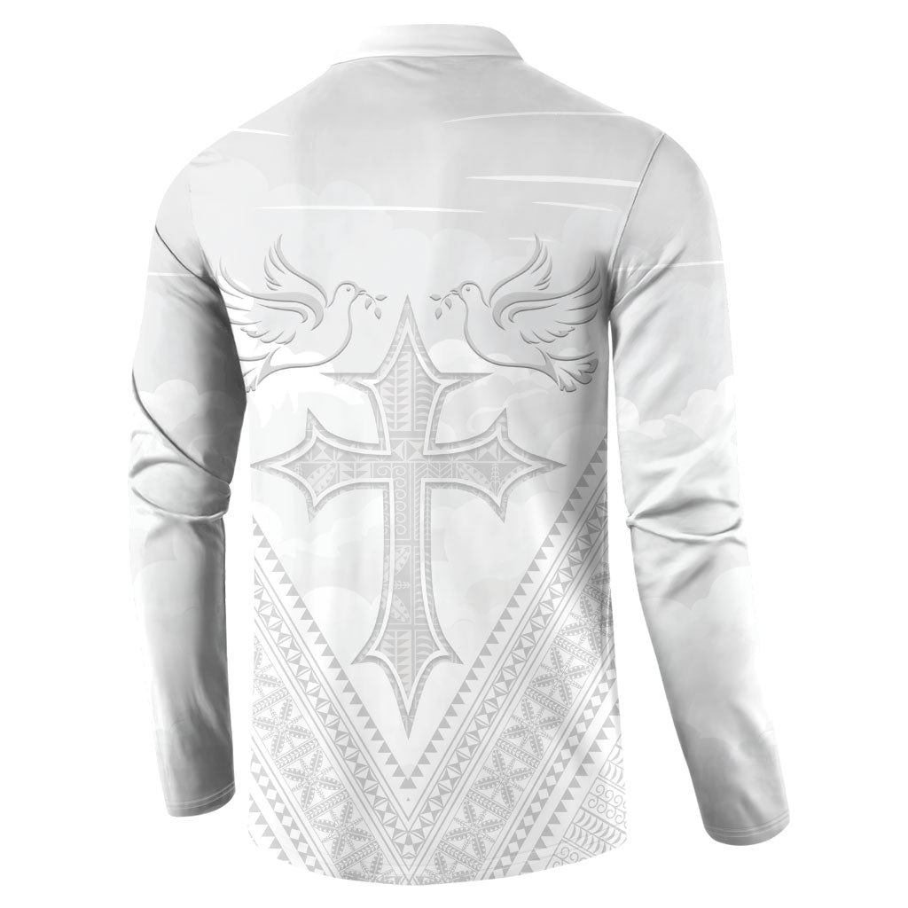 Peniamina Gospel Day Niue Button Sweatshirt Cross Dove Hiapo Pattern White LT14 - Polynesian Pride