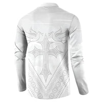 Peniamina Gospel Day Niue Button Sweatshirt Cross Dove Hiapo Pattern White LT14 - Polynesian Pride