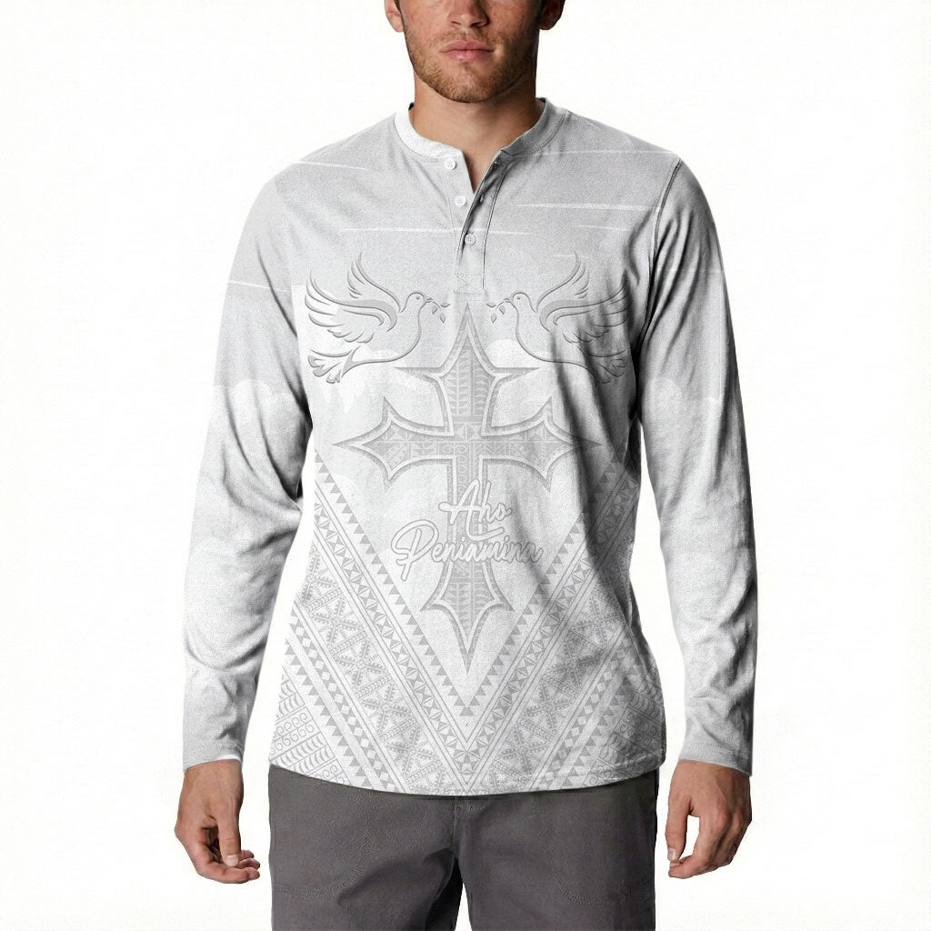 Peniamina Gospel Day Niue Button Sweatshirt Cross Dove Hiapo Pattern White LT14 - Polynesian Pride